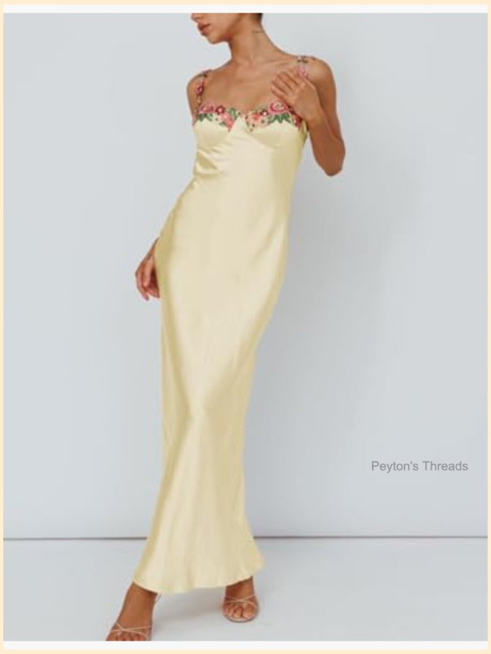 Satin Spaghetti Strap Floral Embroidered Maxi Dress Sweetheart Backless Slit - Picture 3 of 7